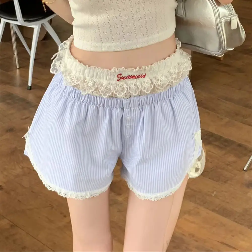 Cute Summer Striped Shorts for Women Button Blue Pink Embroidered Y2k Harajuku High Waist Lace Shorts Lolita Lace Leggings Girl