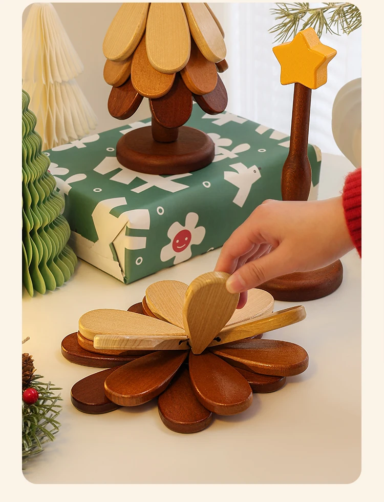 Christmas Tree Coaster Hotpot Pot Tree-Shaped Wooden Trivet Set - 3 Heat- Resistant Placemats + Stand For Hot Dishes (Walnut) Tree Coasters Tree Shaped Wooden Place Mats