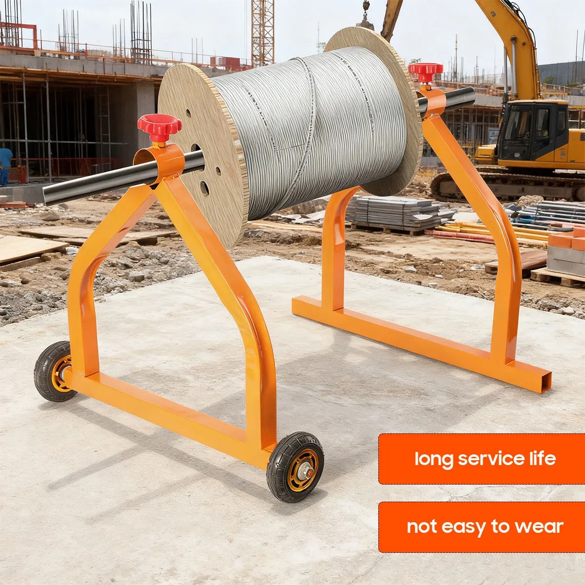 Support pour bobines de fil d'acier, distributeur de fil d'acier soudé industriel avec grandes roues et manchon en silicone antidérapant, organise les câbles, réduit l'encombrement, design triangulaire peu encombrant, peut supporter des bobines jusqu'à 28 pouces de diamètre, charge maximale de 220 lbs, orange.