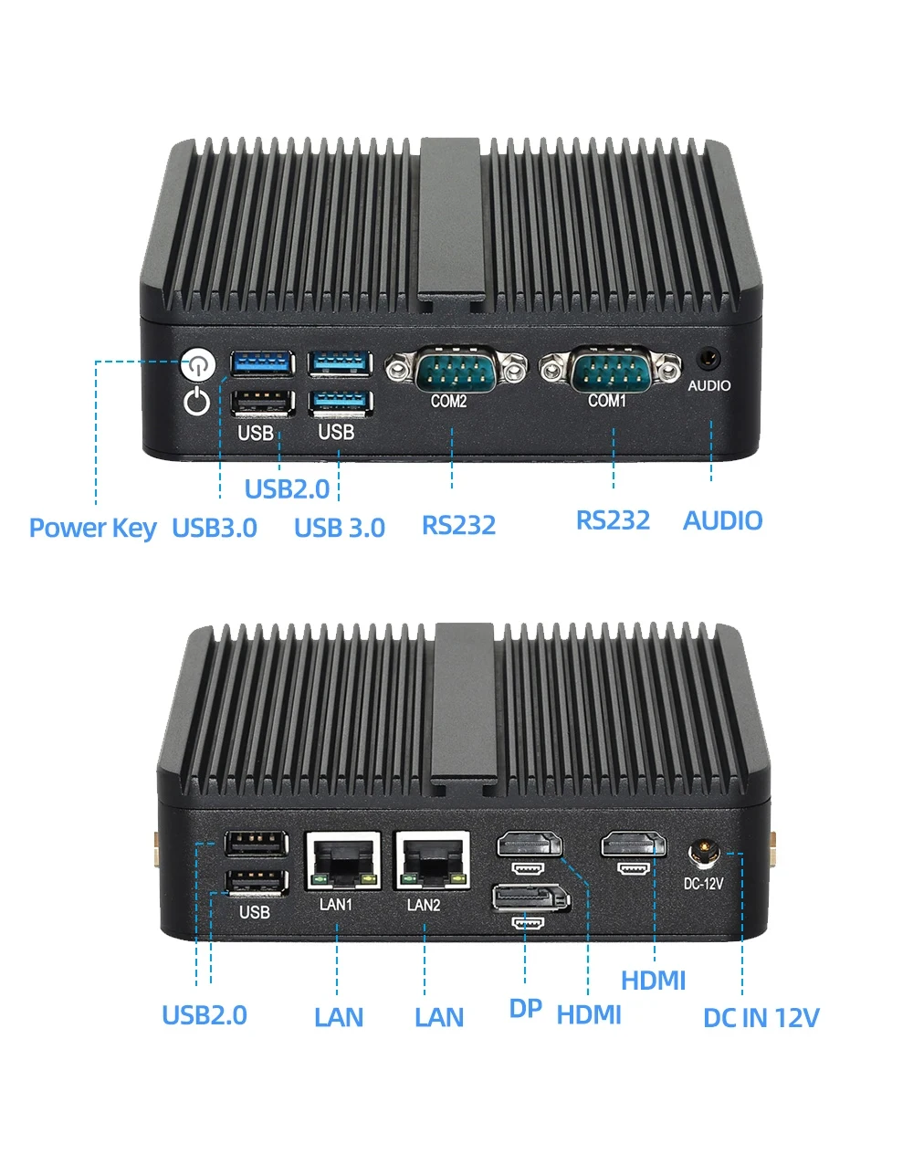 Intel N150 Mini PC 2x HDMI DP 6x USB 2x RS232 DB9 2x Ethernet M.2 NVMe SSD Windows 10/11 Ubuntu SIM Slot 4G LTE WiFi