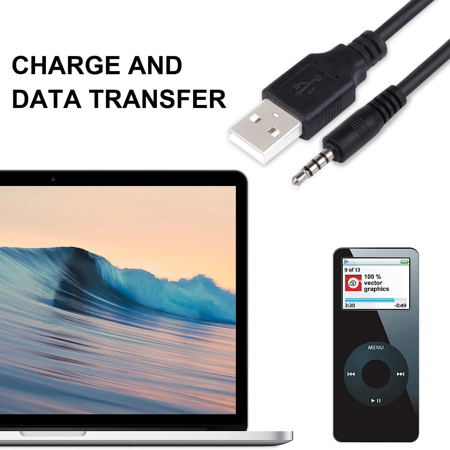 USB إلى ، شاحن مزامنة بيانات ، نقل كابل Aux سلك الصوت لمشغل MP3 ، سماعة رأس ، سلك مكبر صوت للسيارة