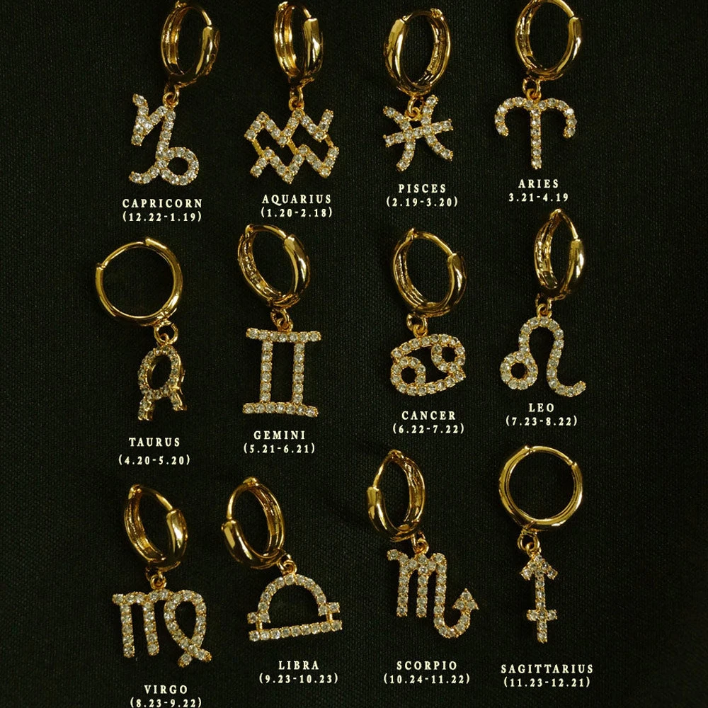 Exquisite Zodiac Sign 12 Constellation Hoop Earrings for Women Shiny Zircon Gold Plated Ear Buckle Huggie Hoops Jewelry Gifts