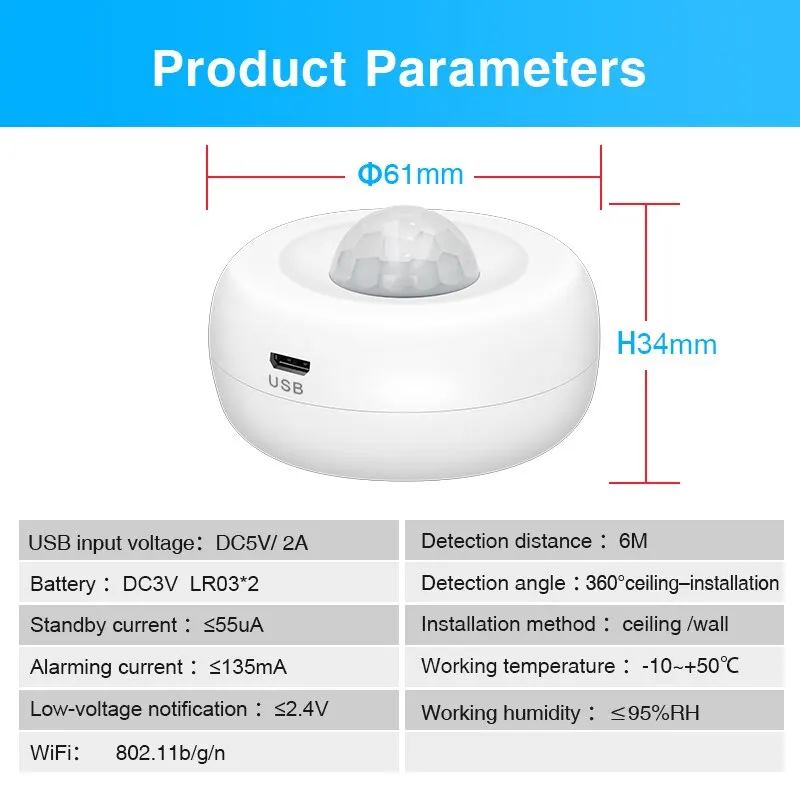 Tuya TY019 WiFi Smart PIR Motion Detection Sensor Security Burglar Alarm Sensor Smart Life App Control Support Alexa Google Home