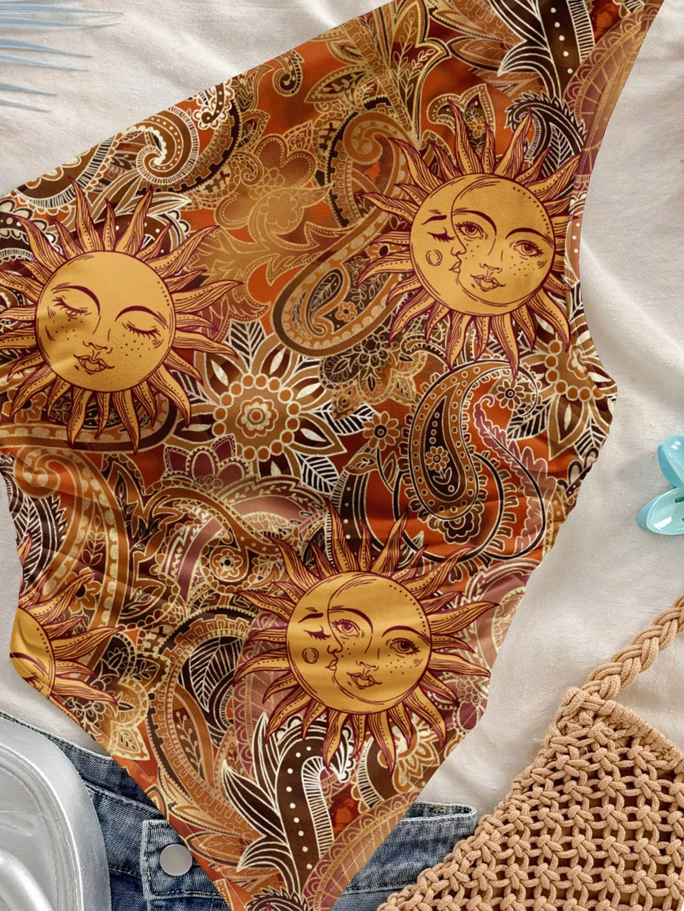 여성용 여름 레트로 보헤미안 골드 태양신 페이즐리 패턴 비대칭 싱글 숄더 탑, 휴가 스타일, 여름에 적합