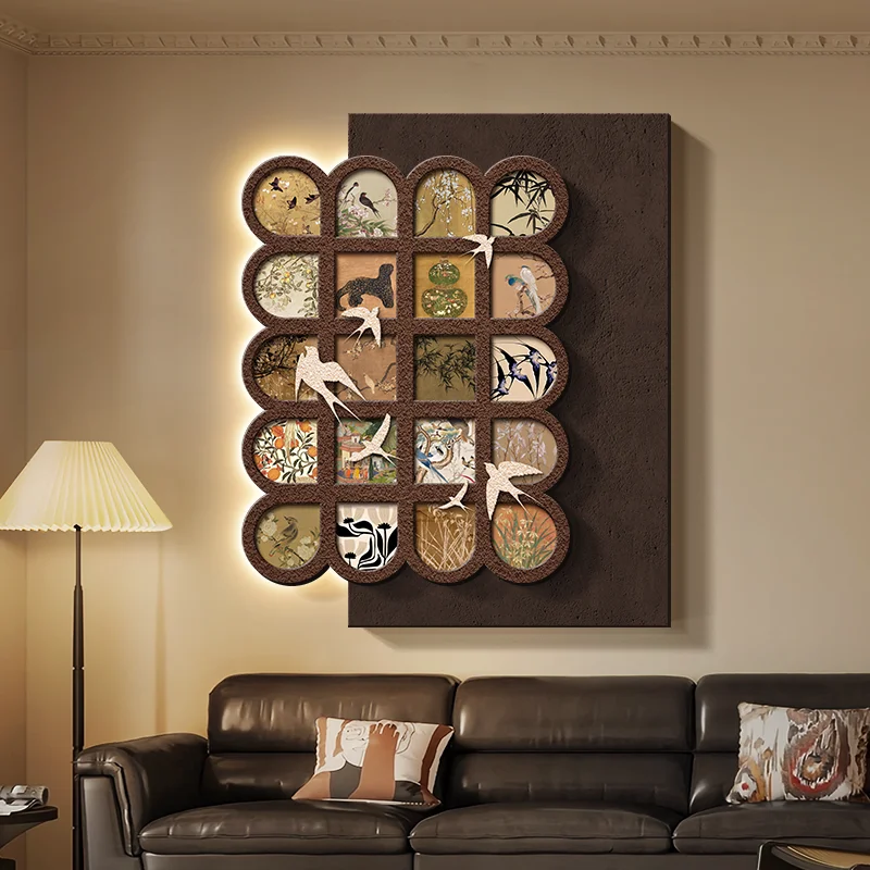 

Living room three-dimensional sandstone texture mural lamp bird sofa background wall hanging painting retro porch mural lamp