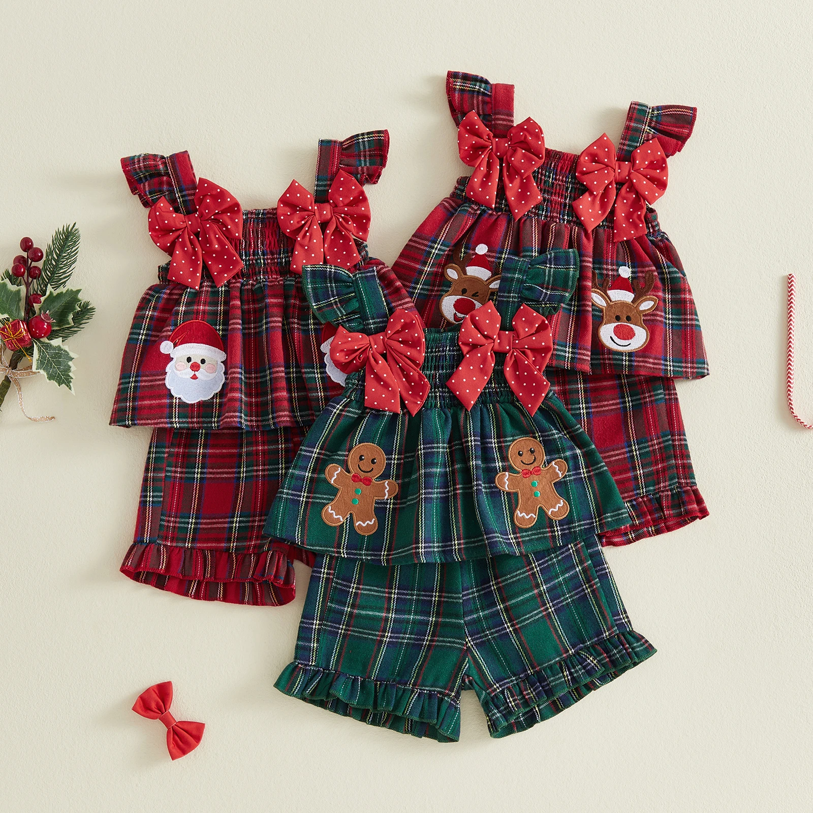 Toddler Girls Christmas Outfit Flying Sleeve Plaid Bow Tank Shirt Tops Shorts Set Xmas Costume
