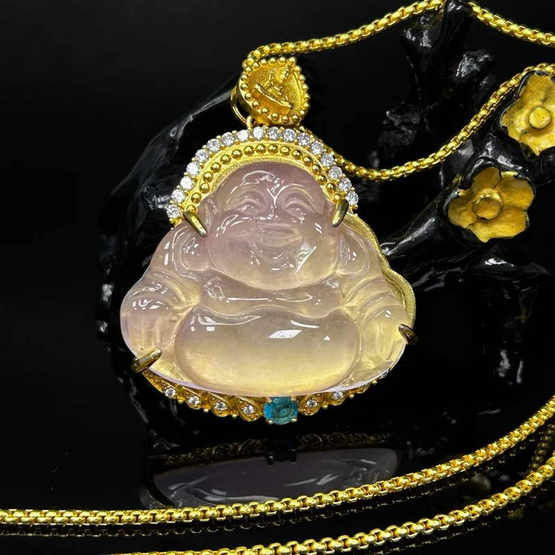 

Certified Nature inlay ice lavender Jade Jadeite Carved Buddha Pendant&Nelaces