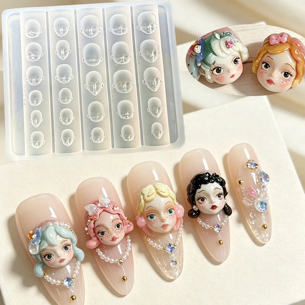 3D Doll Head Face Silicone Nail Art Mold Cute Cartoon Doll Mould For UV Resin Polymer Clay DIY Manicure Nail Charms Carving Tool