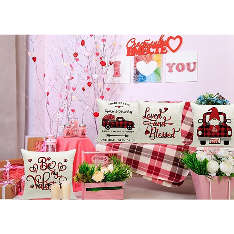 4Pcs Valentine's Day Pillow Cover 18X18 Inch Plaid Valentine's Day Ornament Red Heart Tree And Love Throw Pillowcase