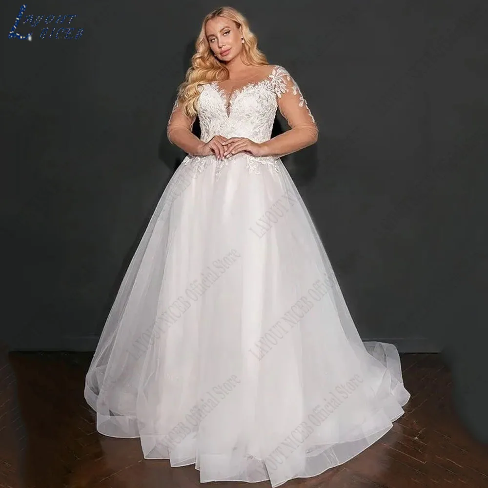 LAYOUT NICEB O-Neck Tulle Wedding Dress Long Sleeve Appliques Large Size Bride Gown A-Line robe de mariée Back Button Customized