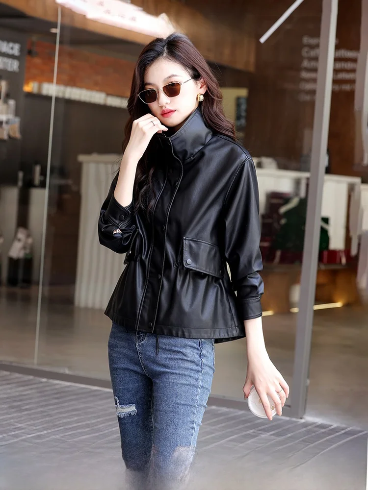 

Haening Genuine eepskin Leather Jaet Women's Loose ort Sle New Stand Collar Korean Version Spring Autumn Waist Cinche...