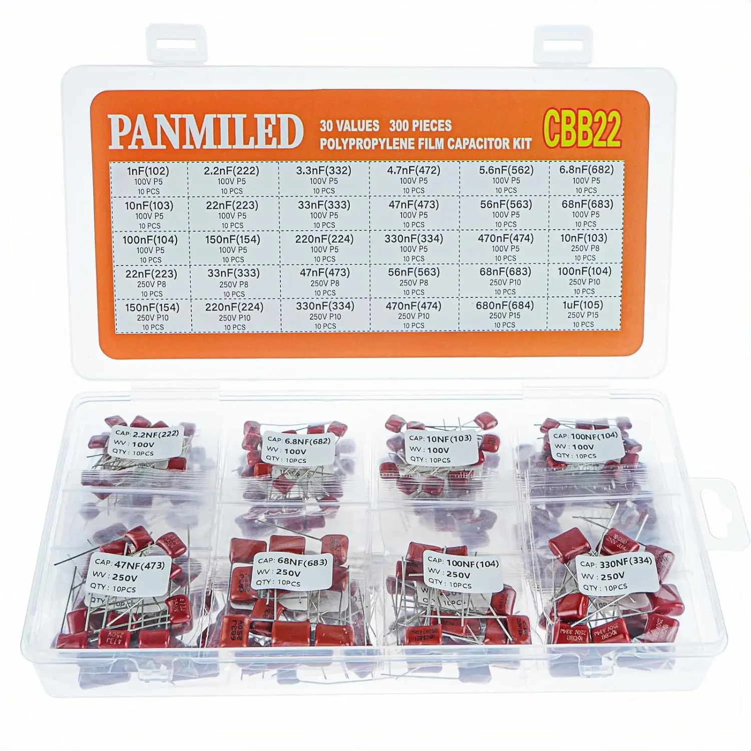 

30 Values 300 Pieces CBB22 Film Capacitor Kit 100V 1nF-470nF & 250V 0.01uF-1uF Assortment