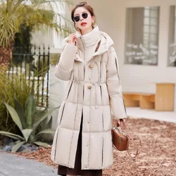 Women's Hooded Parker Coat, Loose Casual Jacket, Stand-up Collar, White Duck Down, Warm Knee-Length, False Two-Piece, Warm