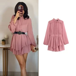 TRAF Dresses Women's Autumn 2024 New Chic Chiffon Elegant Pink Holiday Women's Dress Street Fashion Youth Comfortable Mini Dress