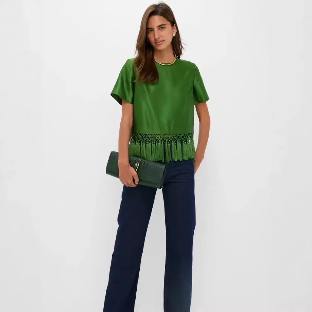 

Spring Summer Fashion Comfortable Round Neck Green Fringe Short Sleeve Tee Top Loose Casual Versatile T Shirt Tops