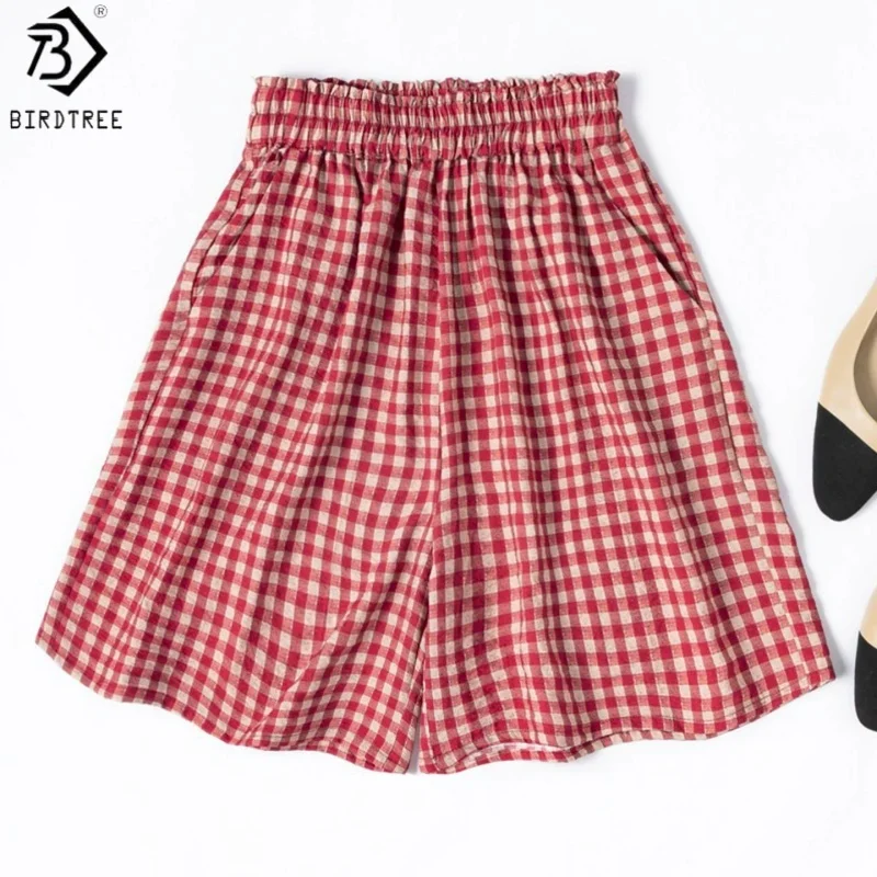 Birdtree, 76% Silk 24% Nylon Plaid Shorts, Women Dry Silk Short Pants, Elastic Waist Casual Loose Pant, 2026 Summer New P64038JF