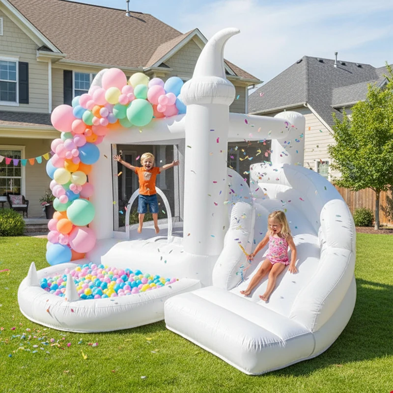 Weißes Hüpfhaus mit Gebläse, Kinder-Ballbecken, Familie, Hinterhof, Hüpfburg, geeignet für Geburtstage, Partys, individuelle Gestaltung