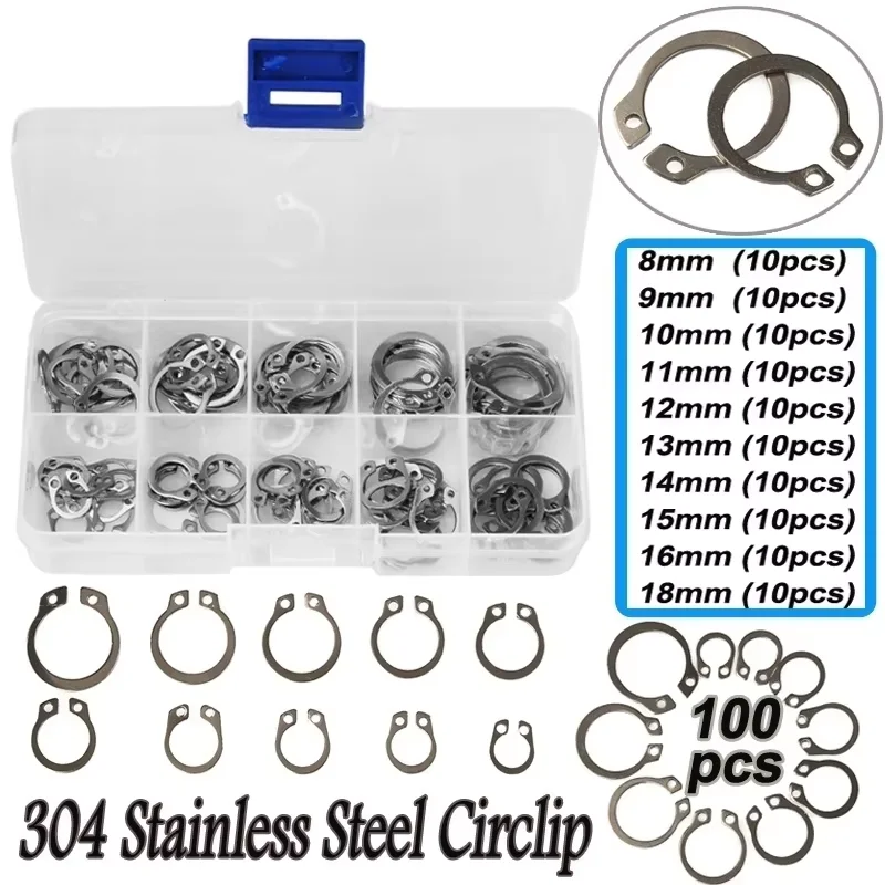 100PCS/Lot Silver Color 304 Stainless Steel External Circlip Retaining Ring Assortment Kit 8-18mm With box