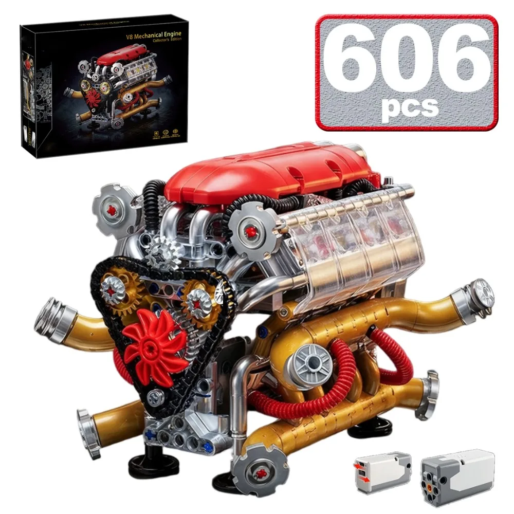 606PCS Technical V8 Super Car Engine Motorized Simulation Model Building Blocks Electrically Drive Toys Creative Toys Adult Gift