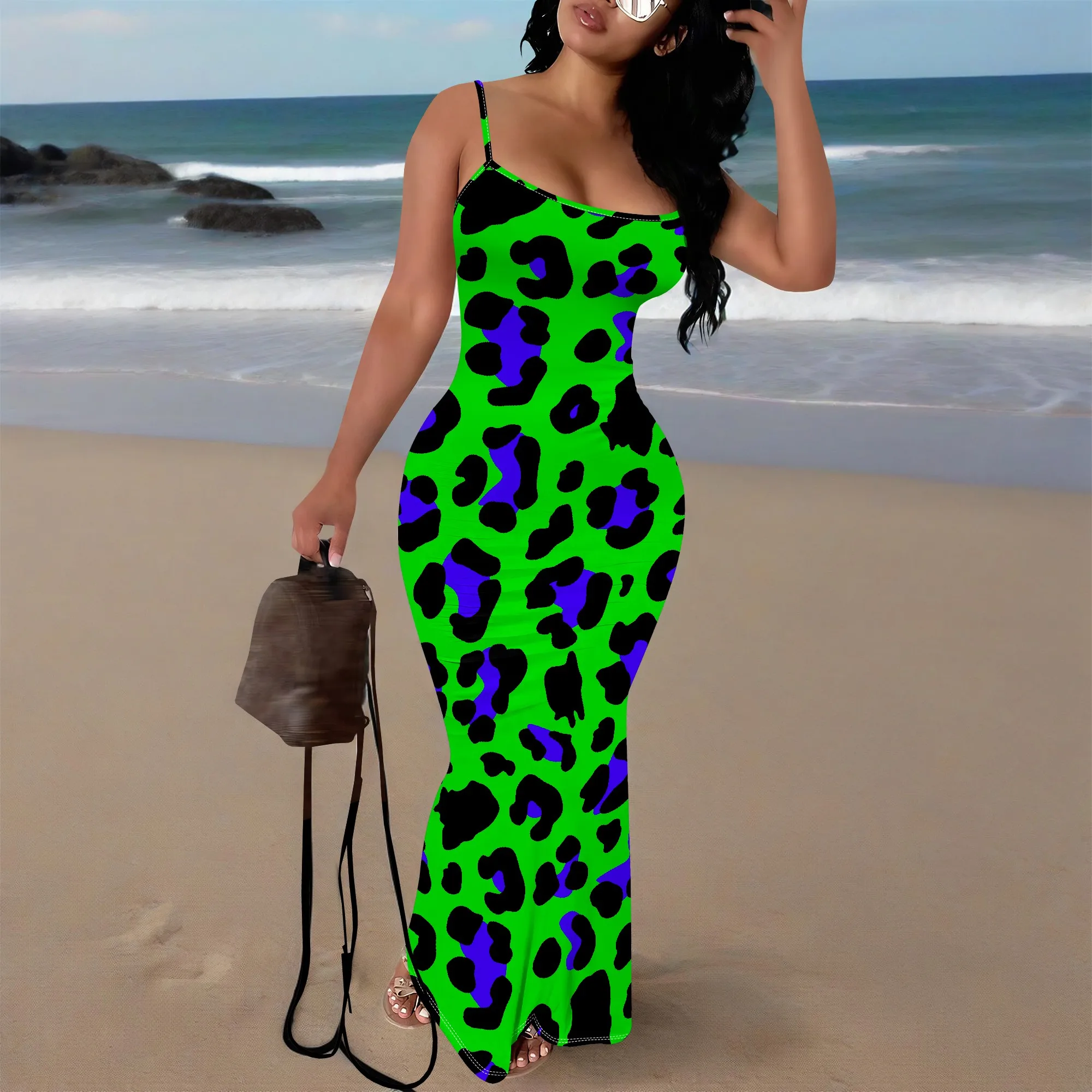 

Plus Size Neon Leopard Print Spaghetti Strap Dress for Women Sexy Bodycon Mermaid Maxi Dress for Club Party XS-3XL