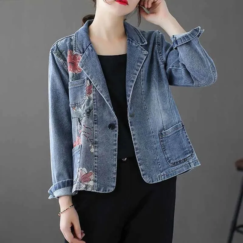 Fashion Suit Collar Denim Short Coat Ladies New Spring Autumn Long Sleeve Vintage Print Jeans Jacket Women Loose Outerwear G2493