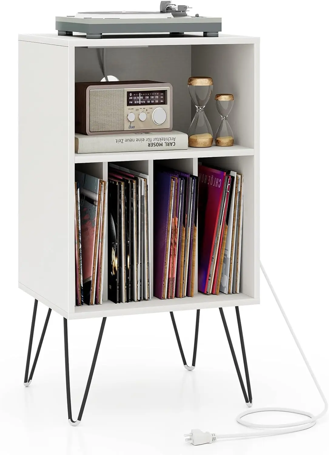 

Record Player Stand with Charging Station, Turntable Stand with Storage & Metal Legs, Vinyl Cabinet Holds Up to 150 Albu