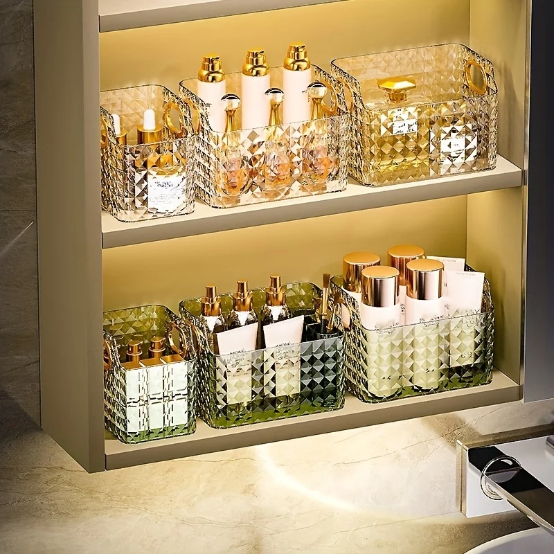 Light luxury mirror cabinet storage box bathroom transparent makeup brush organizer makeup and skin care product storage basket