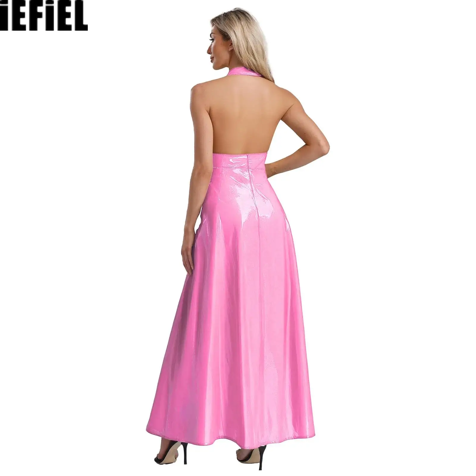 

Модное сексуальное женское длинное платье из глянцевой искусственной кожи с глубоким v-образным вырезом и лямкой на шее с открытой спиной и высокой талией, с разрезом трапециевидной формы, вечерние Клубная одежда