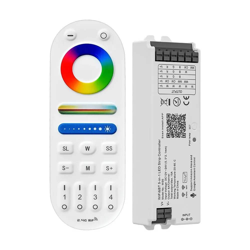 WiFi 5 IN 1 LED Controller Tuya Alexa Google Home Voice Control RGB RGBW CCT Led Strip Dimmer Bluetooth APP RF Remote DC12-24V