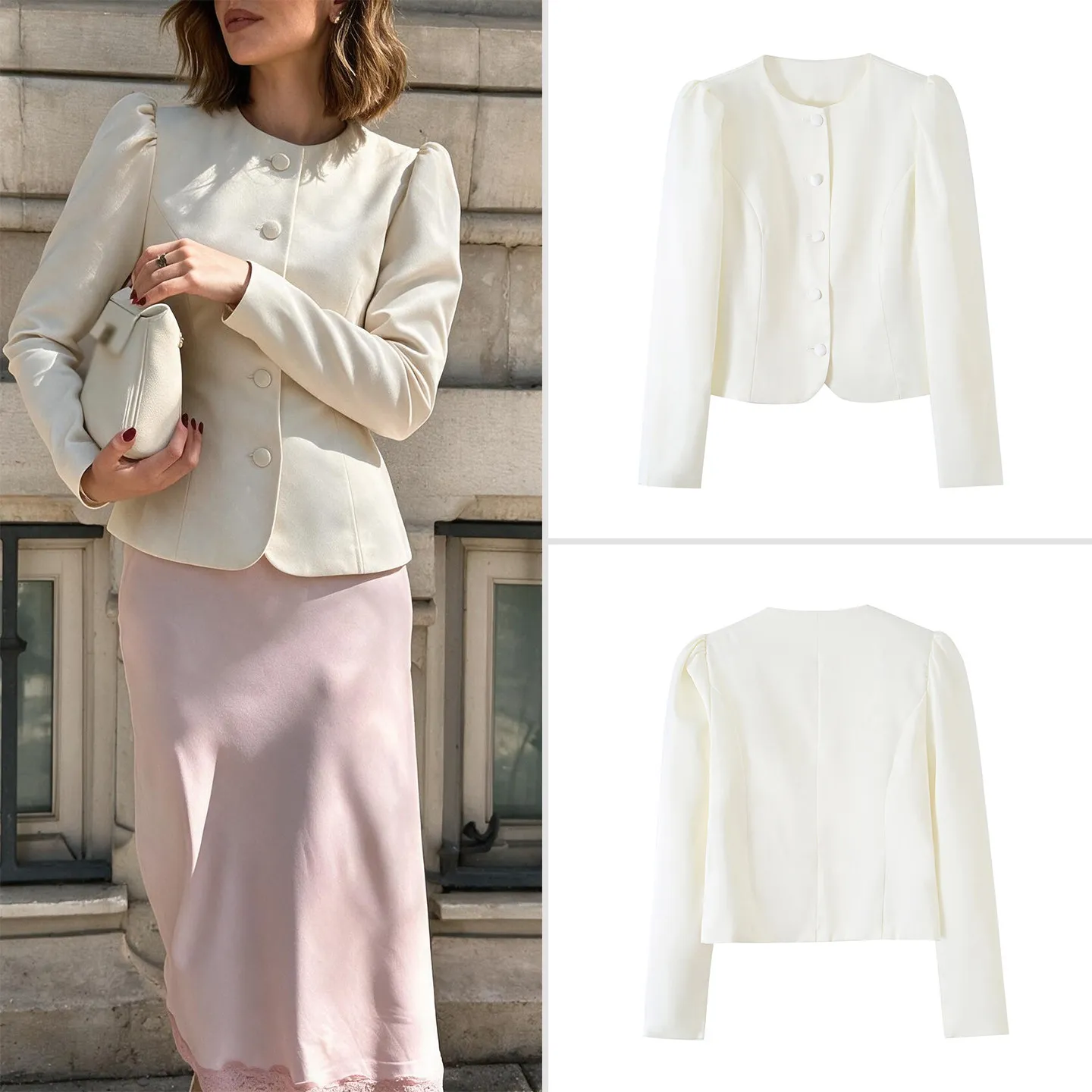 Women's Pure Color Button Long Sleeve round Neck Bubble Sleeve Suit Jacket Casual Loose Fit Style Autumn Fashion Outerwear