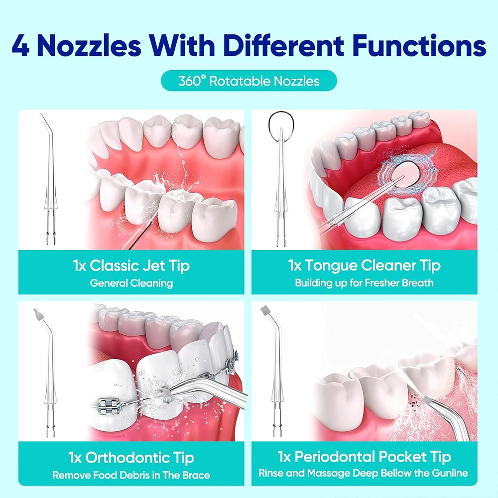 جهاز تنظيف الأسنان بالماء المحمول لري الفم، 5 أوضاع 360 درجة °   طائرة دوارة لتنظيف خيط تنظيف الأسنان وغسالة الفم