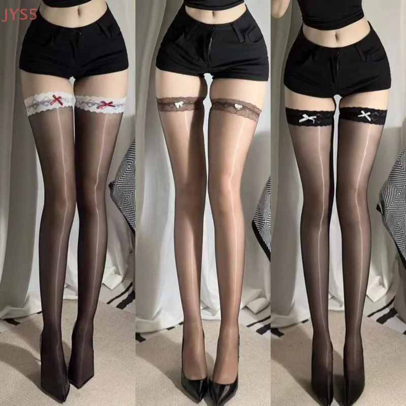 

1 Pair Ultra Thin Lace Bow Clashing Color Half Knee Stockings Oiled Stockings