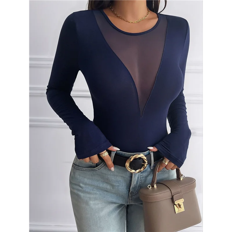 AOAO-Women Long Sleeve Mesh Deep V Neck Tight Fitted Shirts For Women 2025 Fashion Y2K Shirts