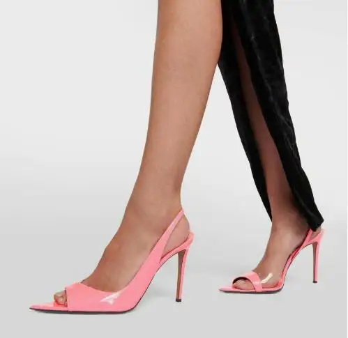 

New Woman Pink Shiny Leather Pointy Peep Toe Clear PVC Patchwork Shallow Slip On Slingback Summer Sandals Banquet Dress Shoes