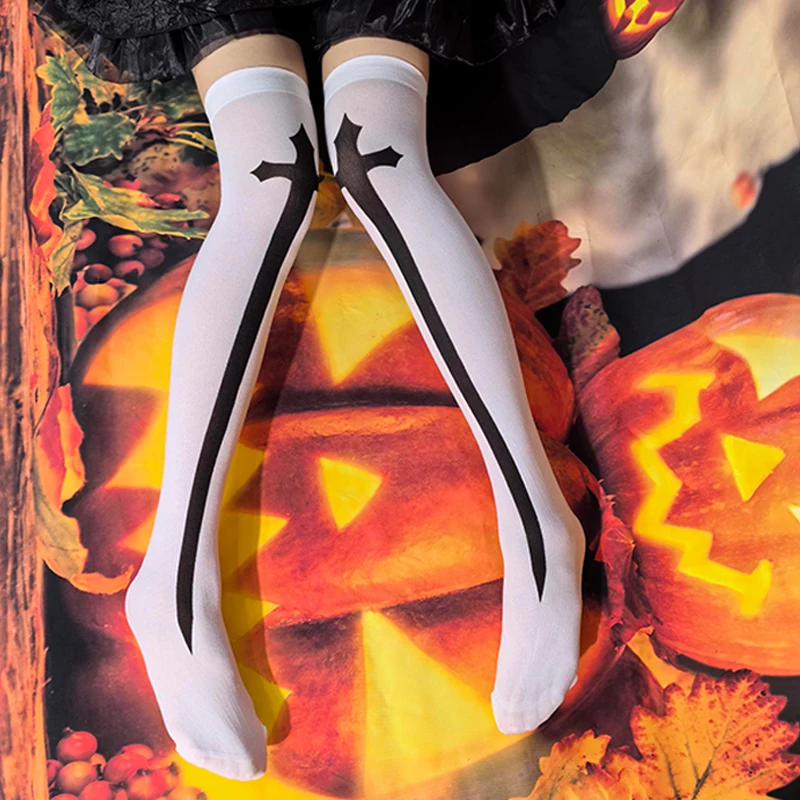 Chaussettes d'Halloween amusantes pour femmes, chaussettes hautes croisées, adaptées au cosplay, chaussettes de fête, chaussettes au-dessus du genou, chaussettes d'infirmière, chaussettes de nonne, 1 paire