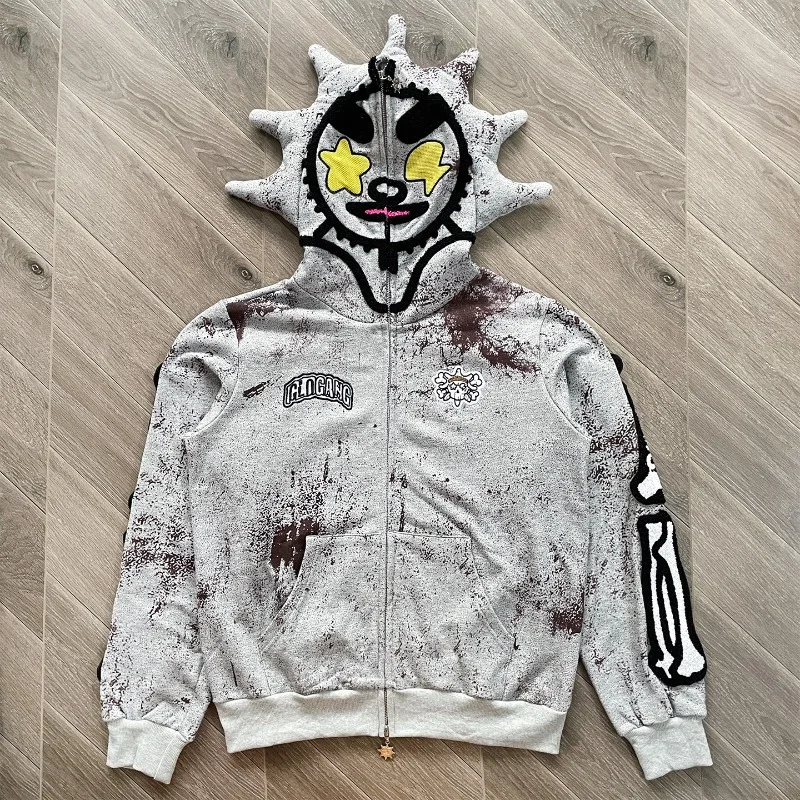 Stain Glo Gang The Glory Zip Hoodie Embrodiery Towel Sleeve Bone Sweatshirts Men Women Casual Corner Cap Mesh Star Fish Pullover