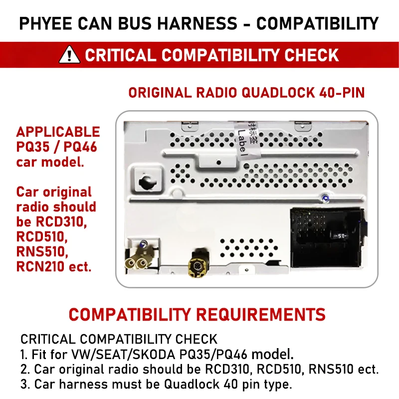 Quadlock Wiring Harness Adapter, CAN Bus Decoder, SWC, Plug & Play, 16Pin Android Radio Cable, for VW PQ35 Golf Jetta Polo Caddy