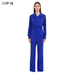 Womens Casual Jumpsuit Coverall Long Sleeve Solid Color Turn-Down Collar Button Flap Romper Fashion Work Travel Holiday Homewear