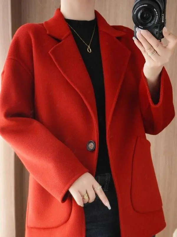 Cappotto Faionable double face da donna coreano di grandi dimensioni semplice capispalla in lana con un bottone in seta per l'autunno e l'inverno