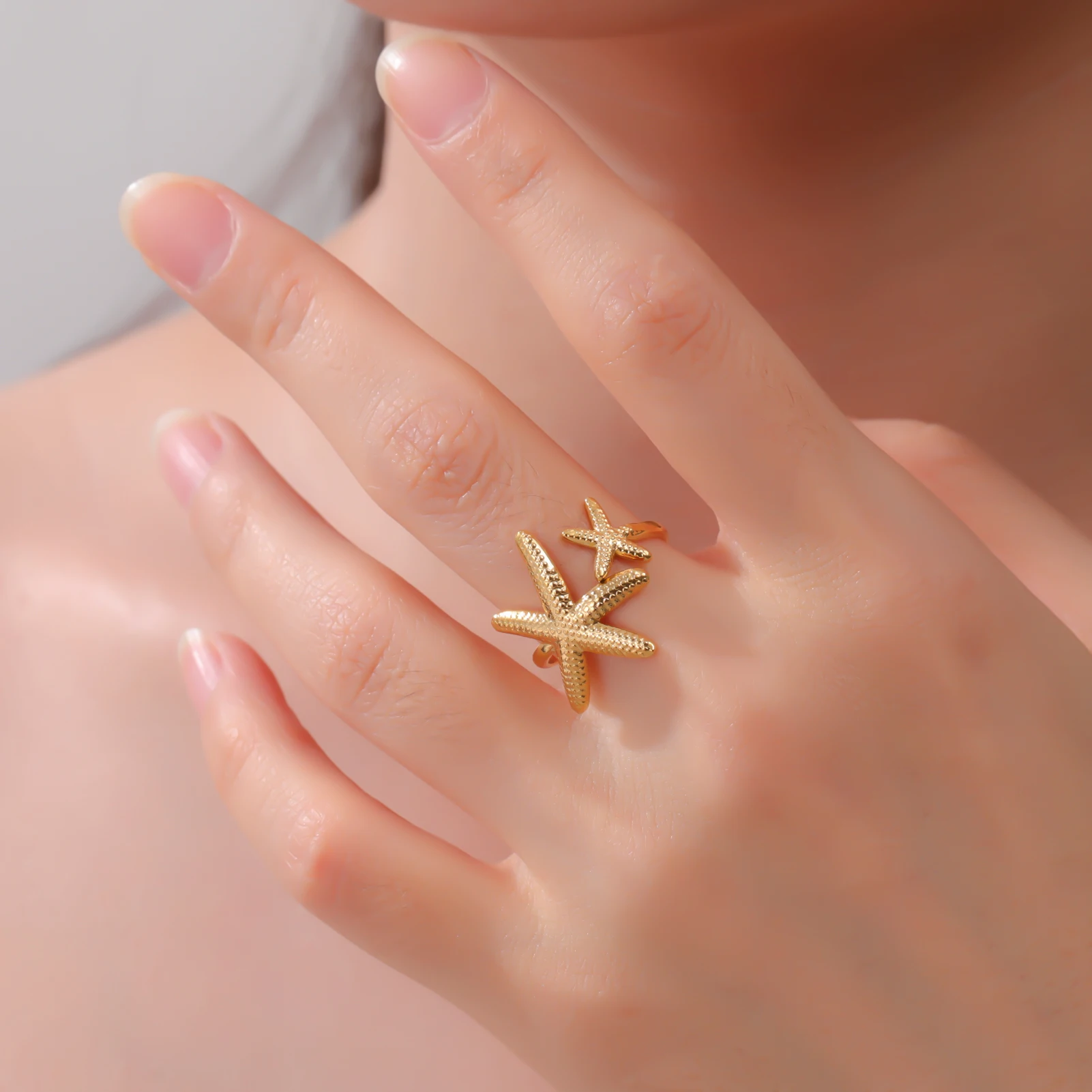 COOLTIME Seestern Muschel Ring für Frauen Edelstahl Gold Farbe Trendy Ozean Offenen Ring Finger Schmuck Geschenk Neue – Detail 13