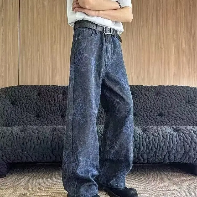 

Свободные мужские джинсы в стиле американского Западного побережья с синим леопардовым принтом, прямые, уличные, в стиле рэп, модные, износостойкие, длинные брюки
