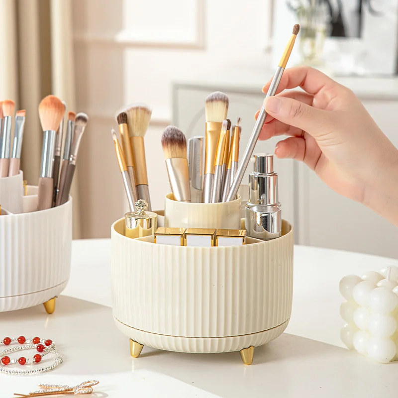 360° Rotating Makeup Organizer Plastic Cosmetic Storage with Compartments Multi Functional Holder for Brushes
