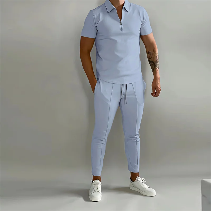 2023 Summer Sports Two-piece Sets Men\'s Short Sleeve Zipper Lapel POLO Shirt Slim Fit Long Pants Daily Casual Commuter Male Suit