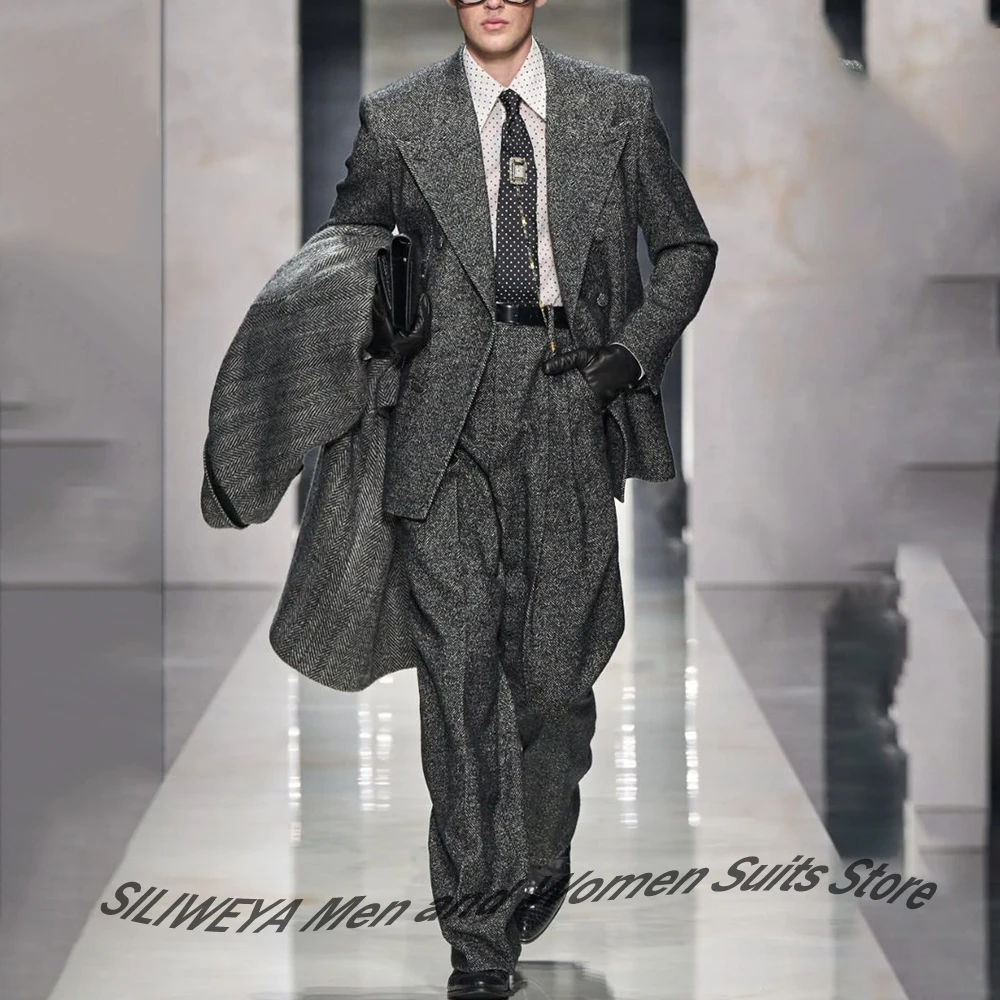 

Grey Herringbone Men's Suits Elegant Professional Jacket+Pants 2 Piece Set Vintage Formal Outfit Business Party Wear