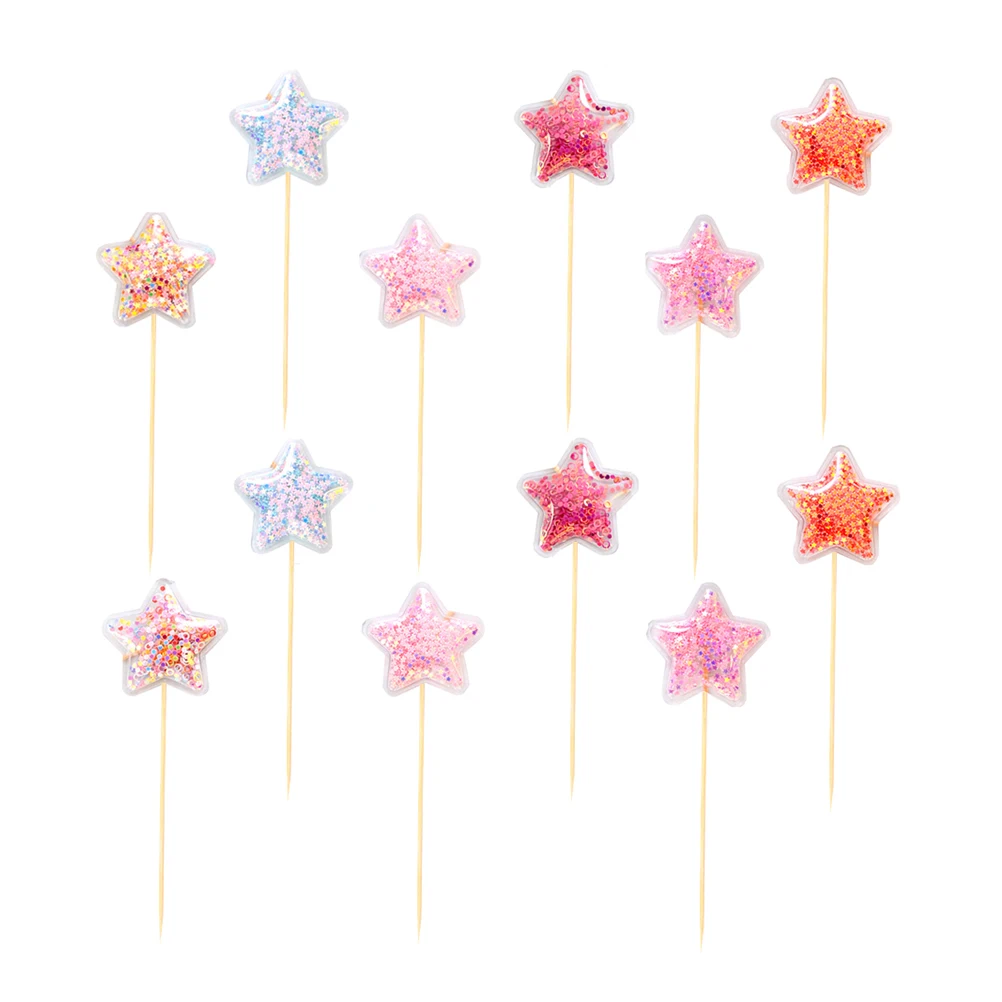 

12 Pcs Five pointed Star Cake Insert Birthday Picks Dessert Toppers Sequins Decor Pentagram Cake Decorations Party Supplies Gift
