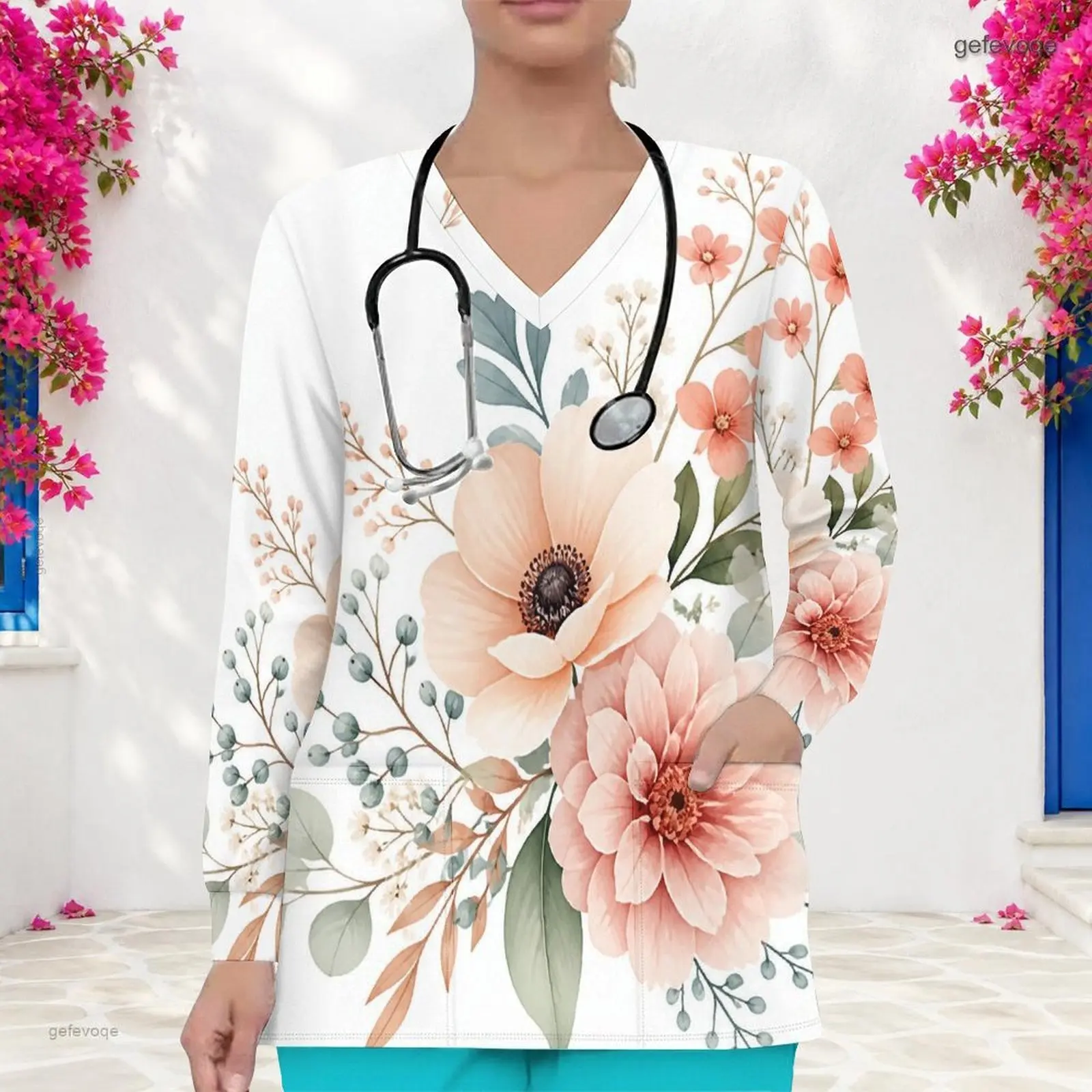 Women Printed Scrub Top V Neck Long Sleeve Front Pockets
