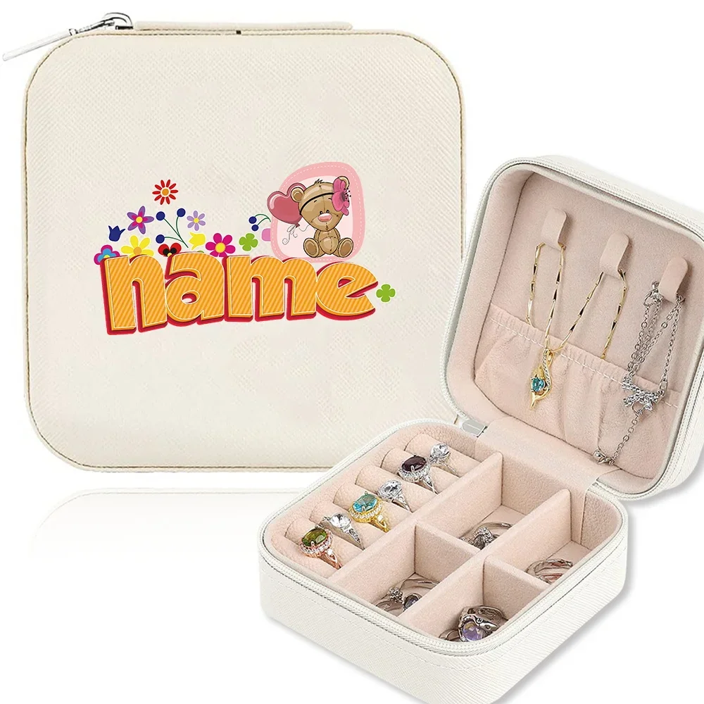 Customized Name Portable Jewelry Box Large Capacity Travel Necklace Earrings Storage Ring Soft Lining Zipper Box Cartoon Pattern