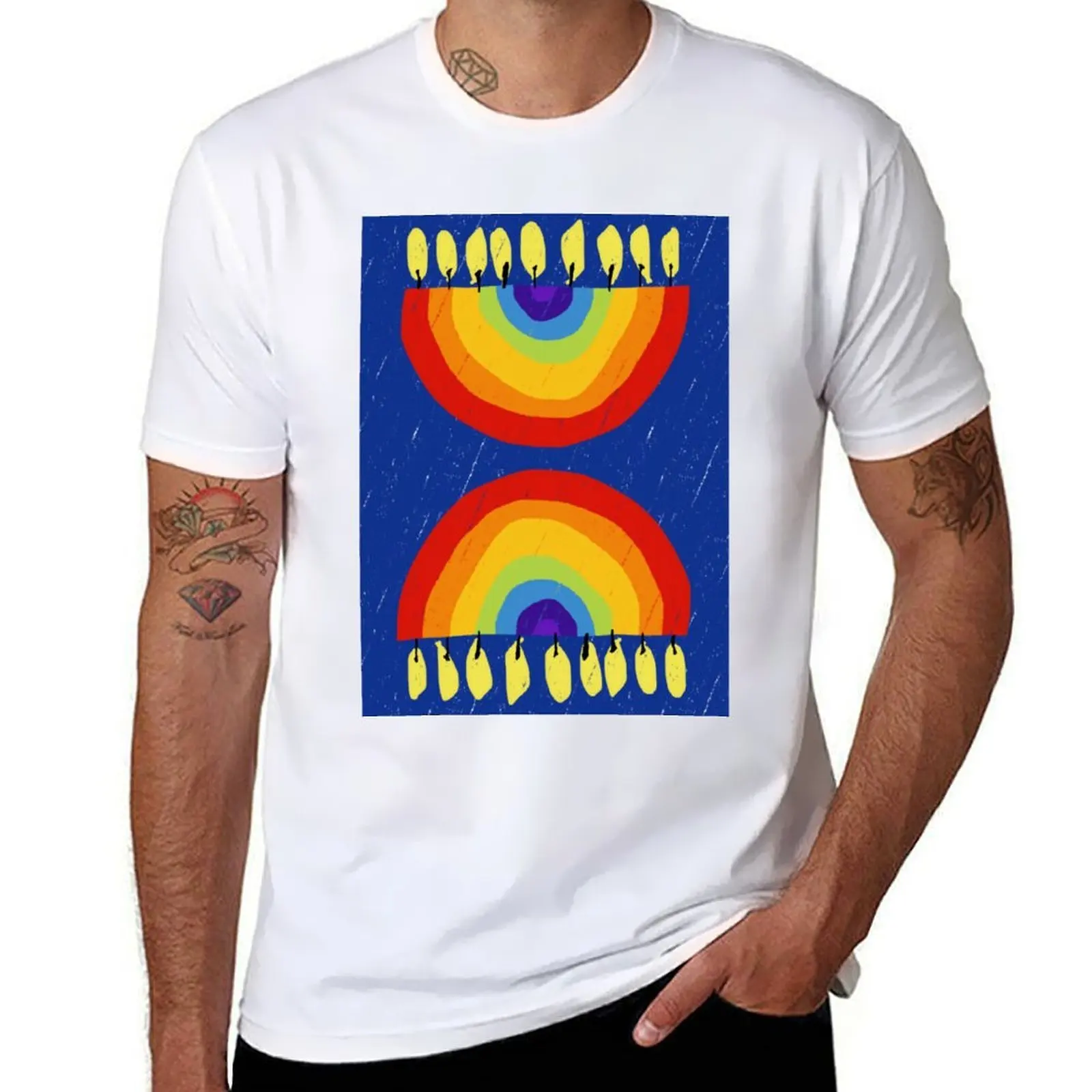 

Rainbow Chanukiah Dark Blue Print T-Shirt t shirt man designer man t shirt graphic t shirt man cotton T-Shirt