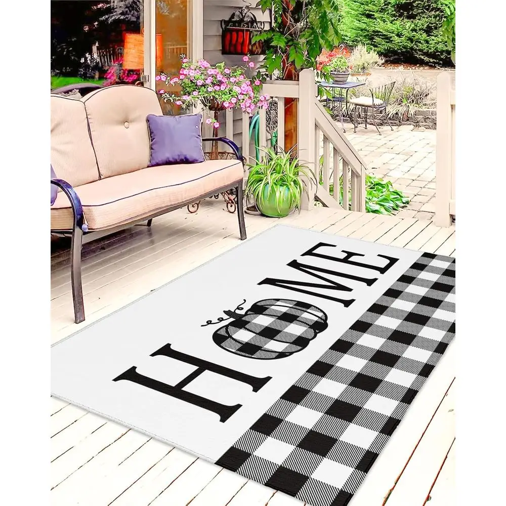 

5x8ft Black & White Buffalo Plaid Outdoor Rug for Patio, Deck, and Porch - Minimalist Halloween Decor