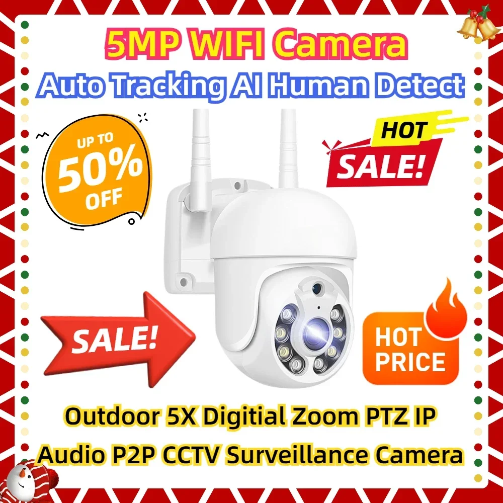 

Outdoor 5X Digitial Zoom PTZ IP Audio P2P CCTV Surveillance Camera Auto Tracking AI Human Detect 5MP WIFI Camera